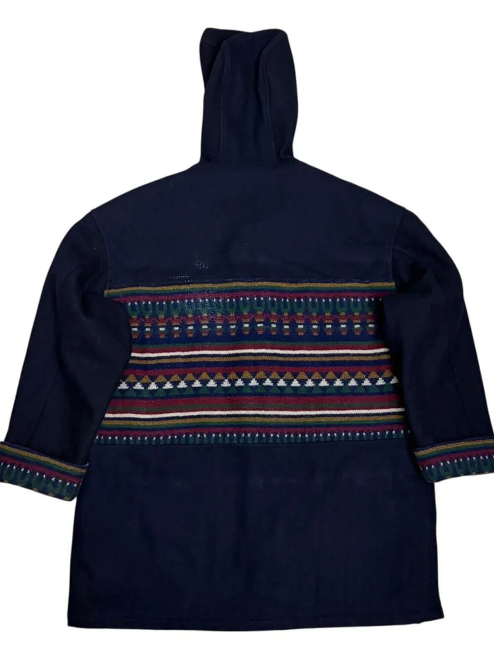 VINTAGE INUIT WOOL Aztec Blue Hooded Retro Winter Pea Coat Womens Medium